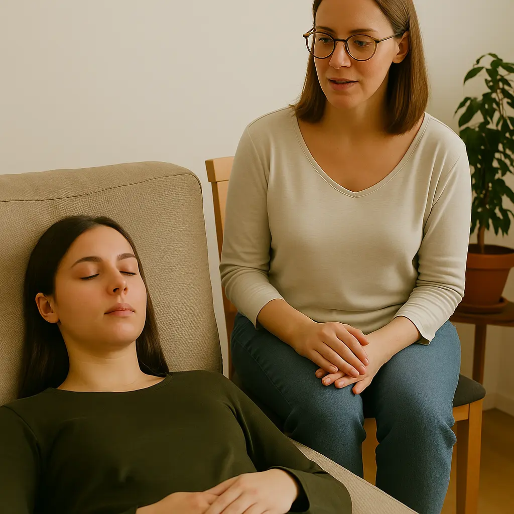 Junge Frau liegt entspannt auf einem Sofa und führt Autogenes Training durch, während eine andere Frau sie ruhig anleitet.