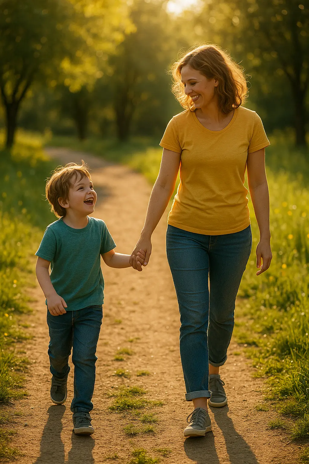 Eine Mutter und ihr kleiner Sohn gehen lachend Hand in Hand auf einem sonnigen Naturweg spazieren.