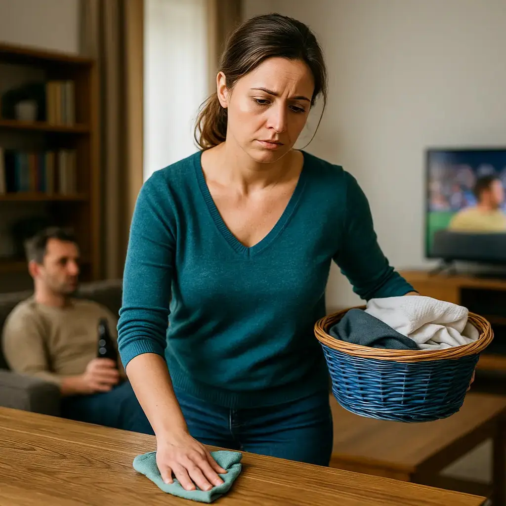 Eine unglückliche Frau steht in der Küche, während ihr Partner im Hintergrund entspannt mit einer Flasche Bier vor dem Fernseher sitzt.
