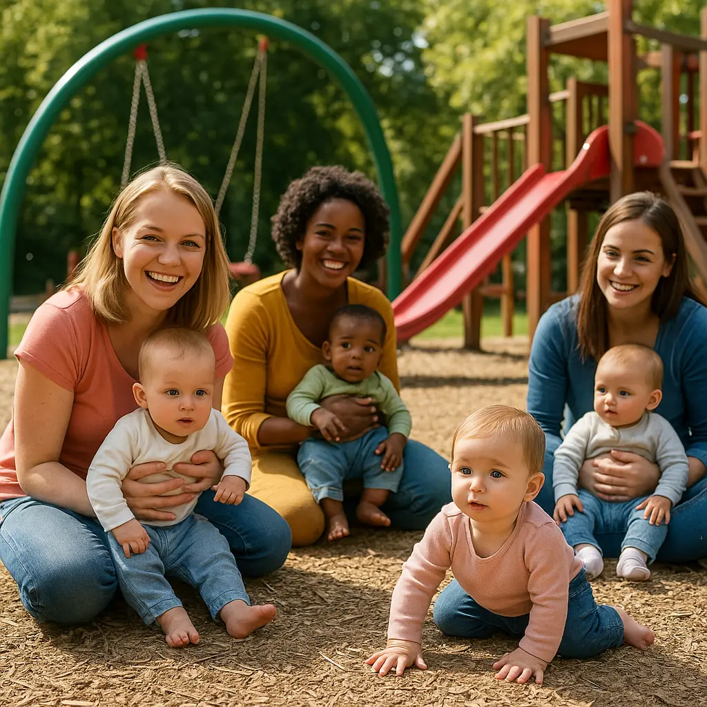 Vier Mütter mit ihren Babys auf einem Spielplatz, lachend und spielend im Sonnenschein.