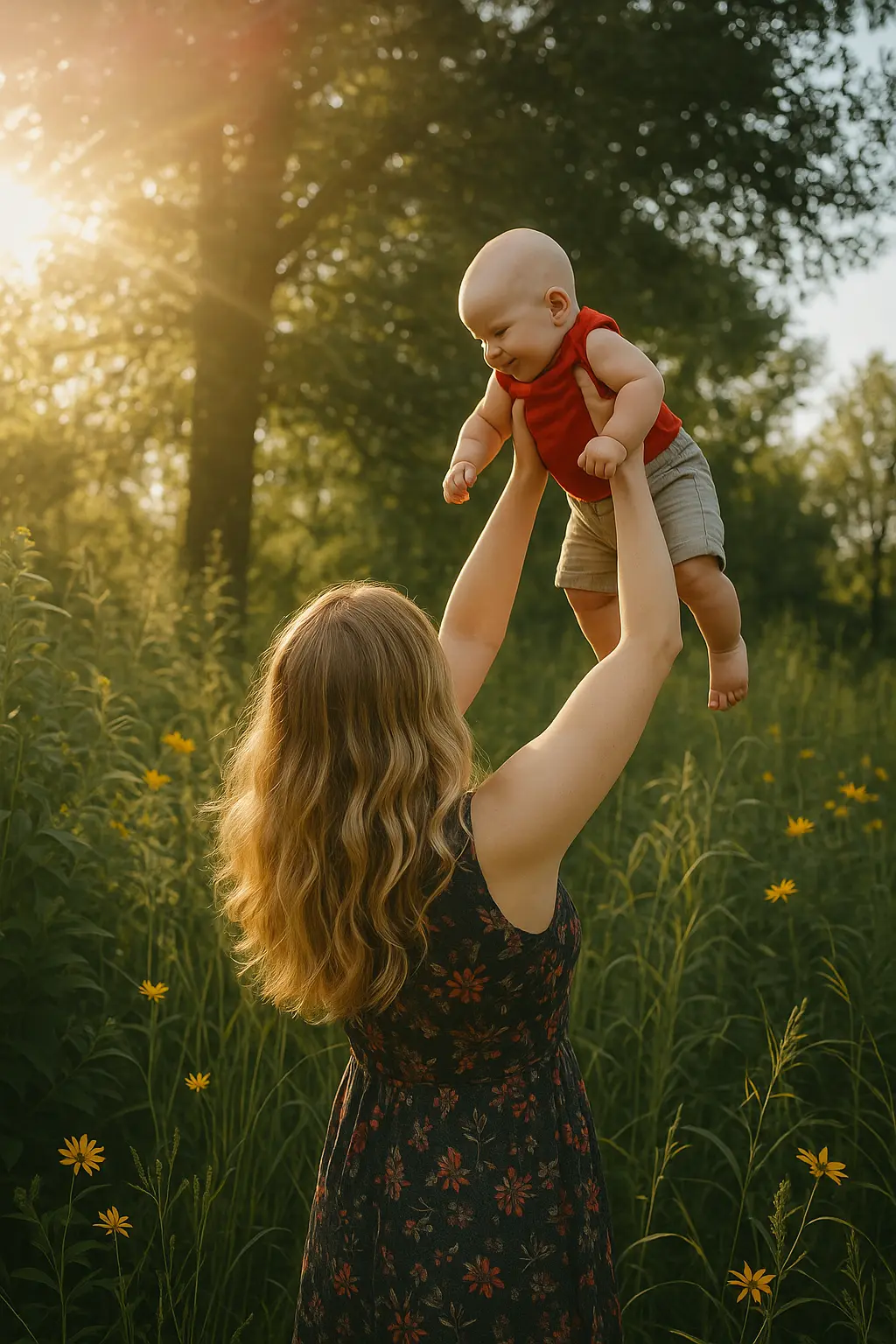 Mutter hebt Baby in sonniger Wiese hoch, von hinten zu sehen.