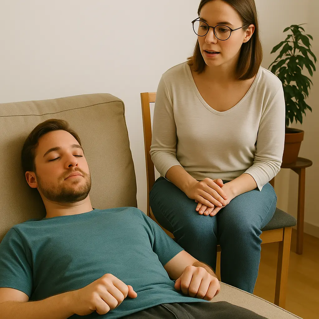 Eine Frau mit Brille sitzt auf einem Stuhl und spricht ruhig mit einem jungen Mann, der entspannt auf einem beige-braunen Sofa liegt. Der Mann hat die Augen geschlossen und wirkt gelassen. 