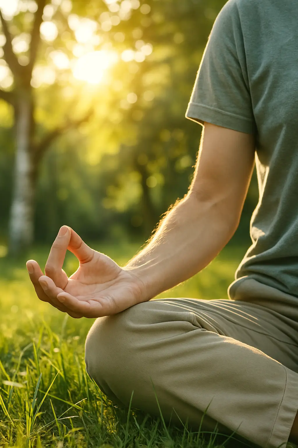 Person sitzt im Schneidersitz auf einer Wiese und hält eine Hand in Meditationshaltung. Sonnenlicht scheint durch die Bäume im Hintergrund.