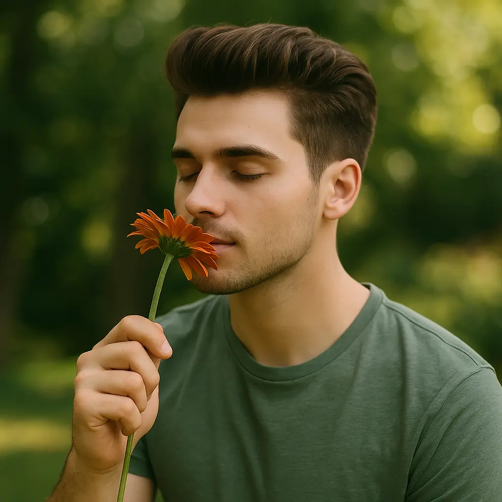 Junger Mann riecht mit geschlossenen Augen an einer orangefarbenen Blume im Grünen.