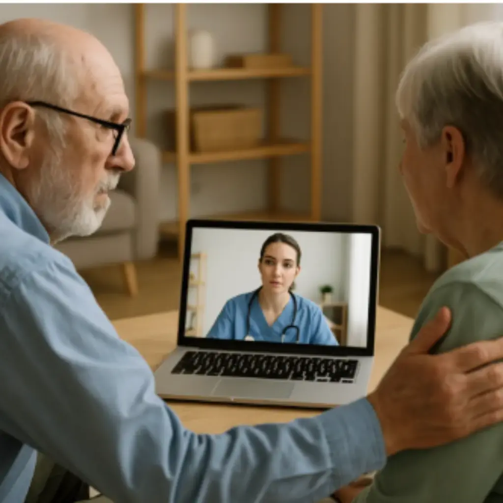 Seniorenpaar in digitaler Pflegeberatung per Videoanruf mit Pflegefachkraft am Laptop.