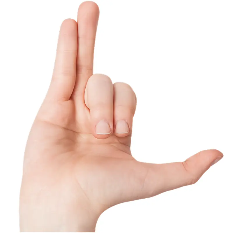 Hand in Vishnu-Mudra: Daumen abgespreizt, Zeige- und Mittelfinger eingeklappt, Ring- und kleiner Finger ausgestreckt.
