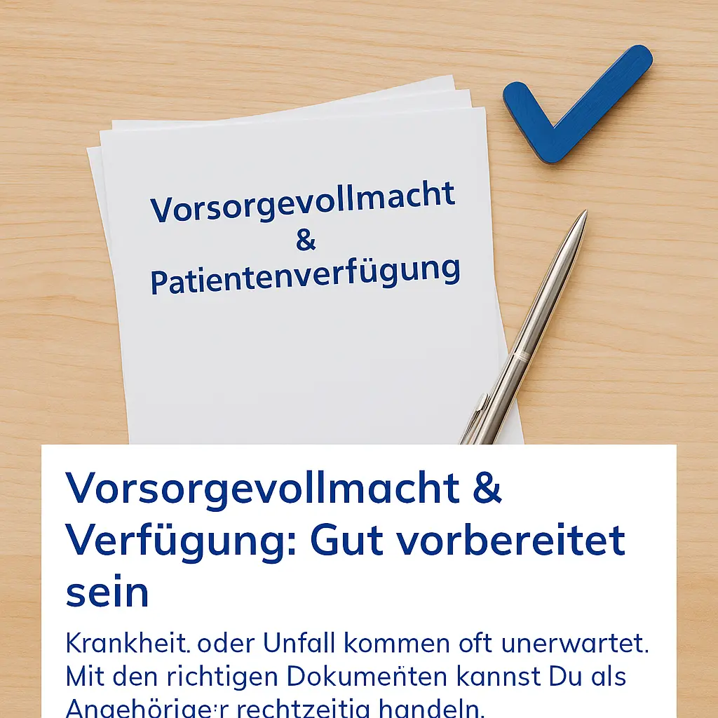 Dokument mit der Überschrift 'Vorsorgevollmacht & Patientenverfügung' neben einem silbernen Stift und einem blauen Häkchen.