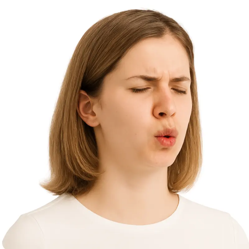 Frau mit halblangen Haaren und geschlossenen Augen atmet langsam durch die leicht gespitzen Lippen aus.