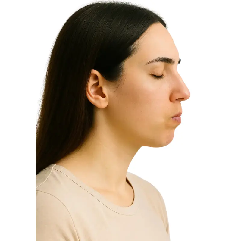 Frau mit geschlossenen Augen hält den Atem an, die Lippen sind leicht geschlossen.
