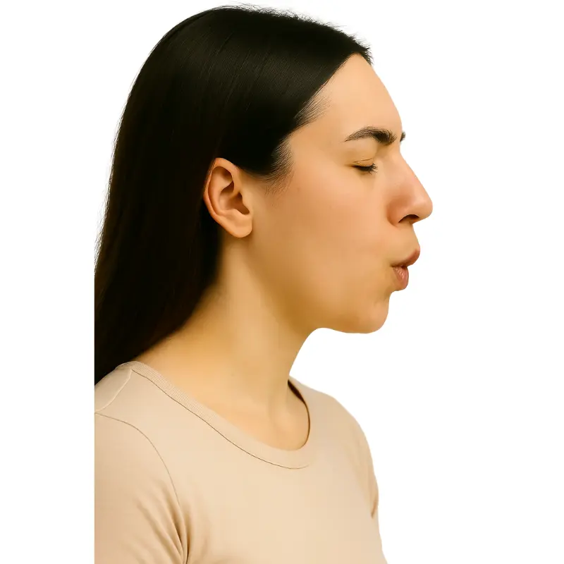 Frau mit geschlossenen Augen atmet durch den Mund aus, die Lippen sind locker gespitz.
