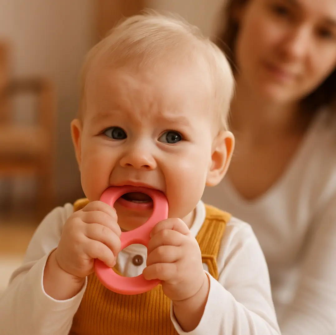 Ein Baby hält mit beiden Händen ein Beißspielzeug und beißt darauf; im Hintergrund beobachtet eine Frau das Kind.