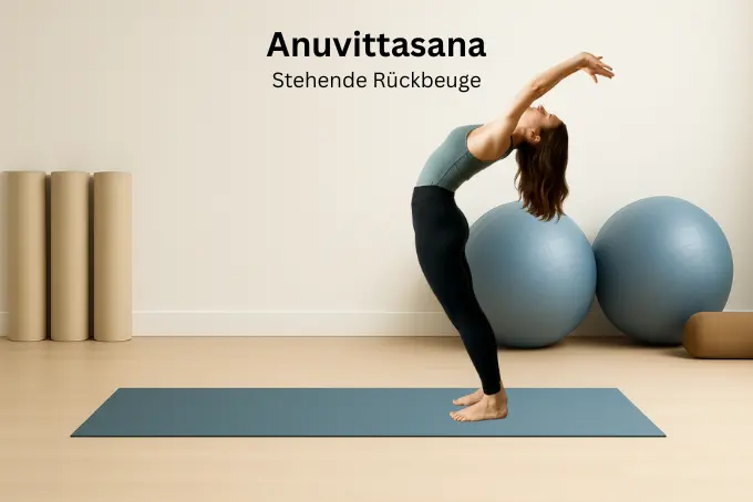 Frau steht aufrecht auf einer Yogamatte und beugt sich mit gestreckten Armen nach hinten. Ihr Oberkörper wölbt sich in einer tiefen Rückbeuge, der Blick folgt den Händen, die über dem Kopf nach hinten zeigen.