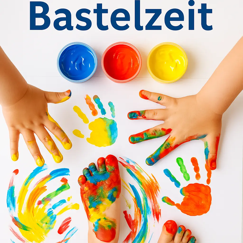 Kinderhände und -füße mit bunter Fingerfarbe in Blau, Rot und Gelb, daneben bunte Hand- und Fußabdrücke auf Papier, darüber Schrift 'Bastelzeit'.
