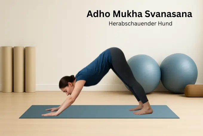 Frau in der Yoga-Haltung Adho Mukha Svanasana: Sie bildet mit gestreckten Armen und Beinen ein umgedrehtes V, Hände und Füße drücken in die Matte, der Blick geht nach unten.
