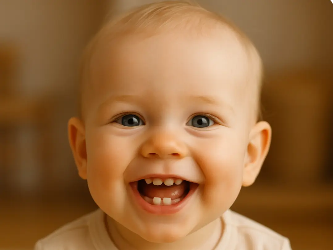 Ein fröhliches Kleinkind mit blonden Haaren und blauen Augen lächelt direkt in die Kamera. Das Baby zeigt mehrere kleine Zähne und trägt ein helles Oberteil. Der Hintergrund ist weich und unscharf.