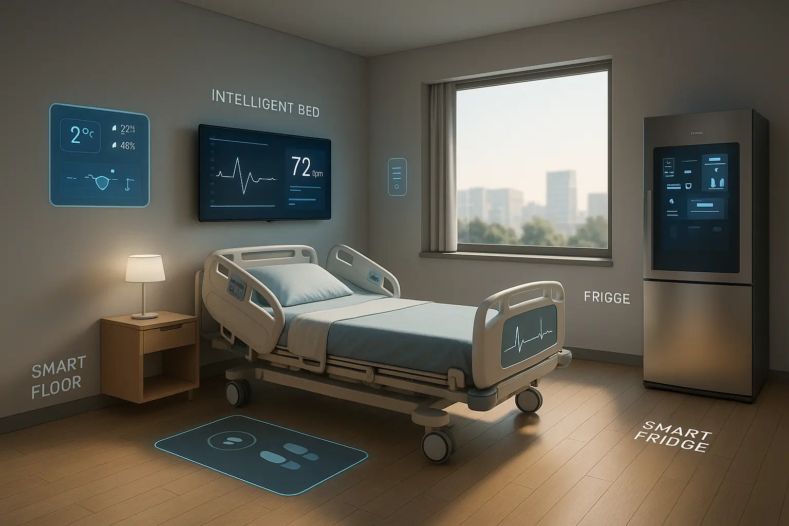 Modernes Patientenzimmer mit intelligentem Pflegebett, Smart Floor, digitalen Anzeigen und vernetztem Kühlschrank.