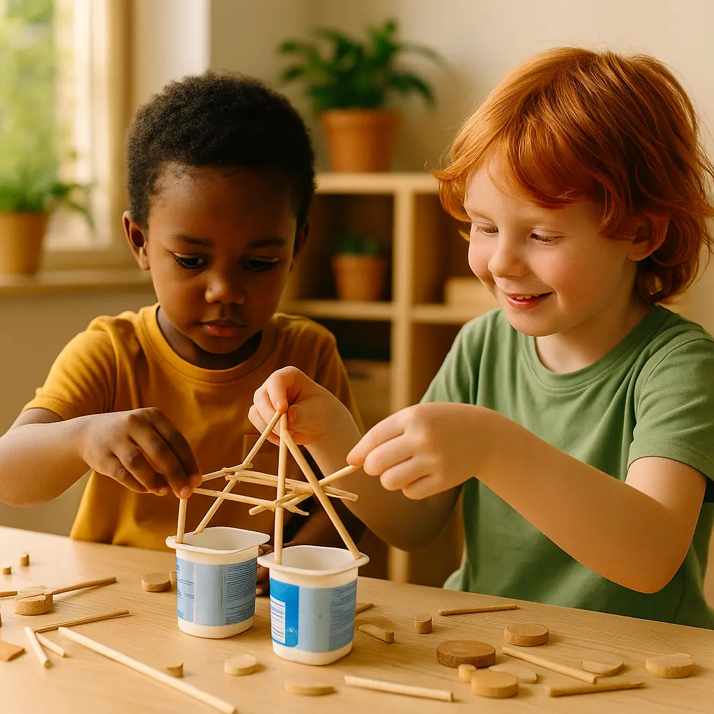 Zwei Kinder bauen mit Holzstäbchen und kleinen Holzscheiben eine Struktur auf zwei Joghurtbechern.