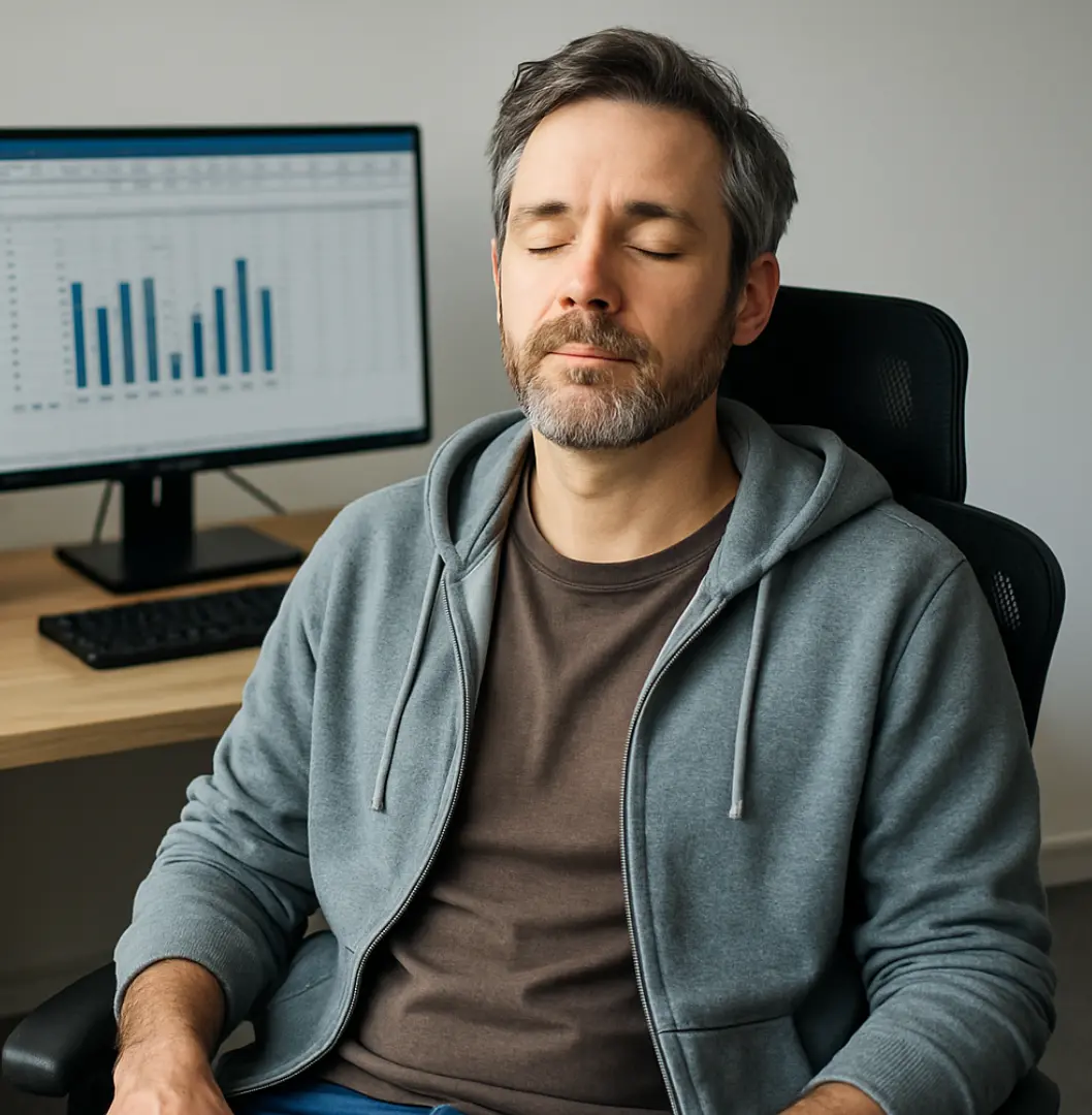 Ein Mann mittleren Alters sitzt mit geschlossenen Augen entspannt auf einem Bürostuhl vor einem Computerbildschirm mit Balkendiagramm.