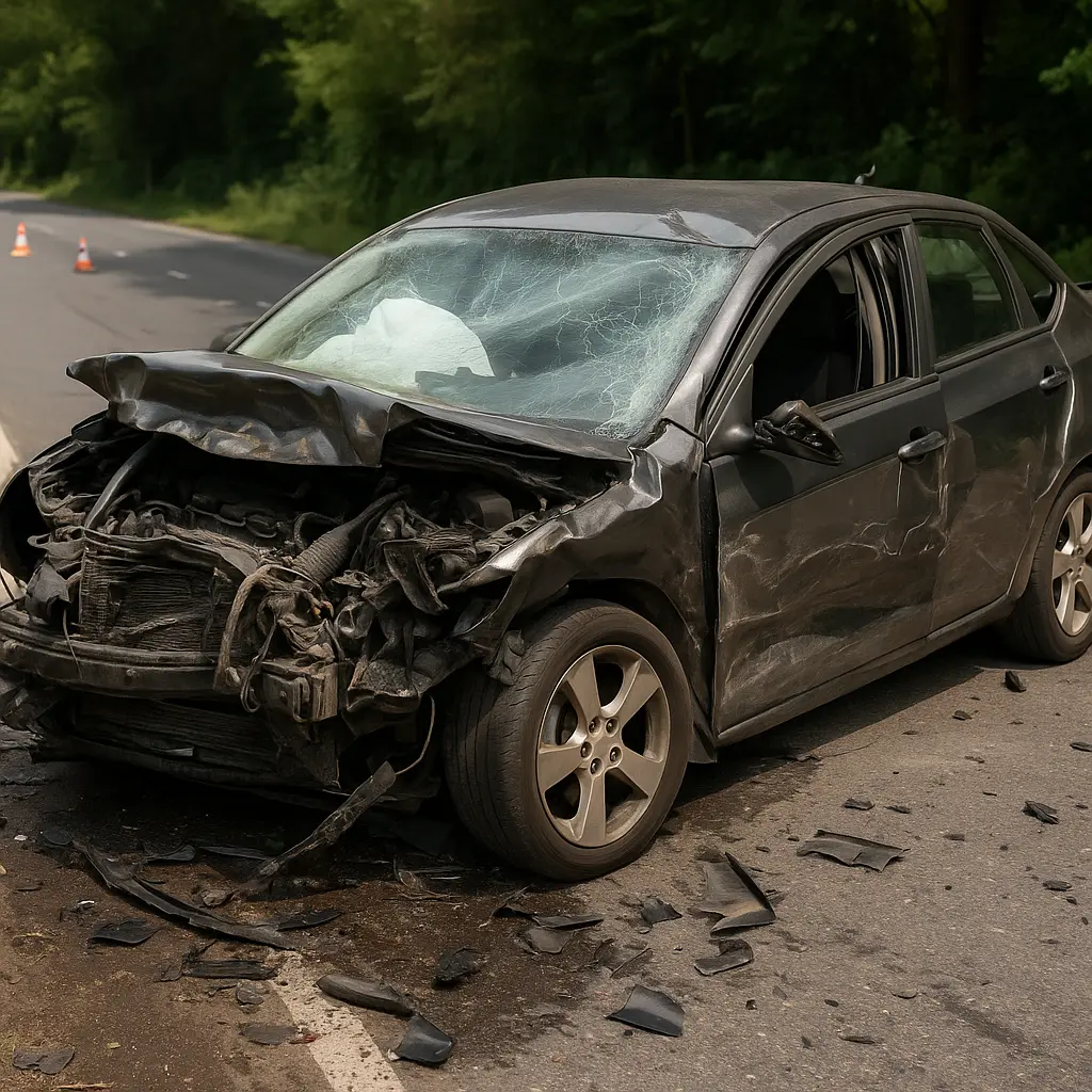 Schwarzes Auto mit schwer beschädigter Front und zerbrochenem Frontscheibenairbag auf einer Straße mit Trümmern