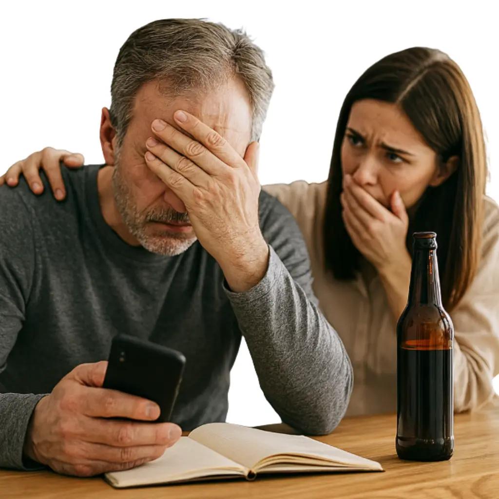 Ein älterer Mann sitzt verzweifelt am Tisch, hält ein Smartphone in der Hand und bedeckt sein Gesicht mit der anderen Hand. Neben ihm sitzt eine Frau, die ihn besorgt anschaut und ihre Hand vor den Mund hält. Auf dem Tisch stehen ein geöffnetes Notizbuch und eine dunkle Bierflasche. 