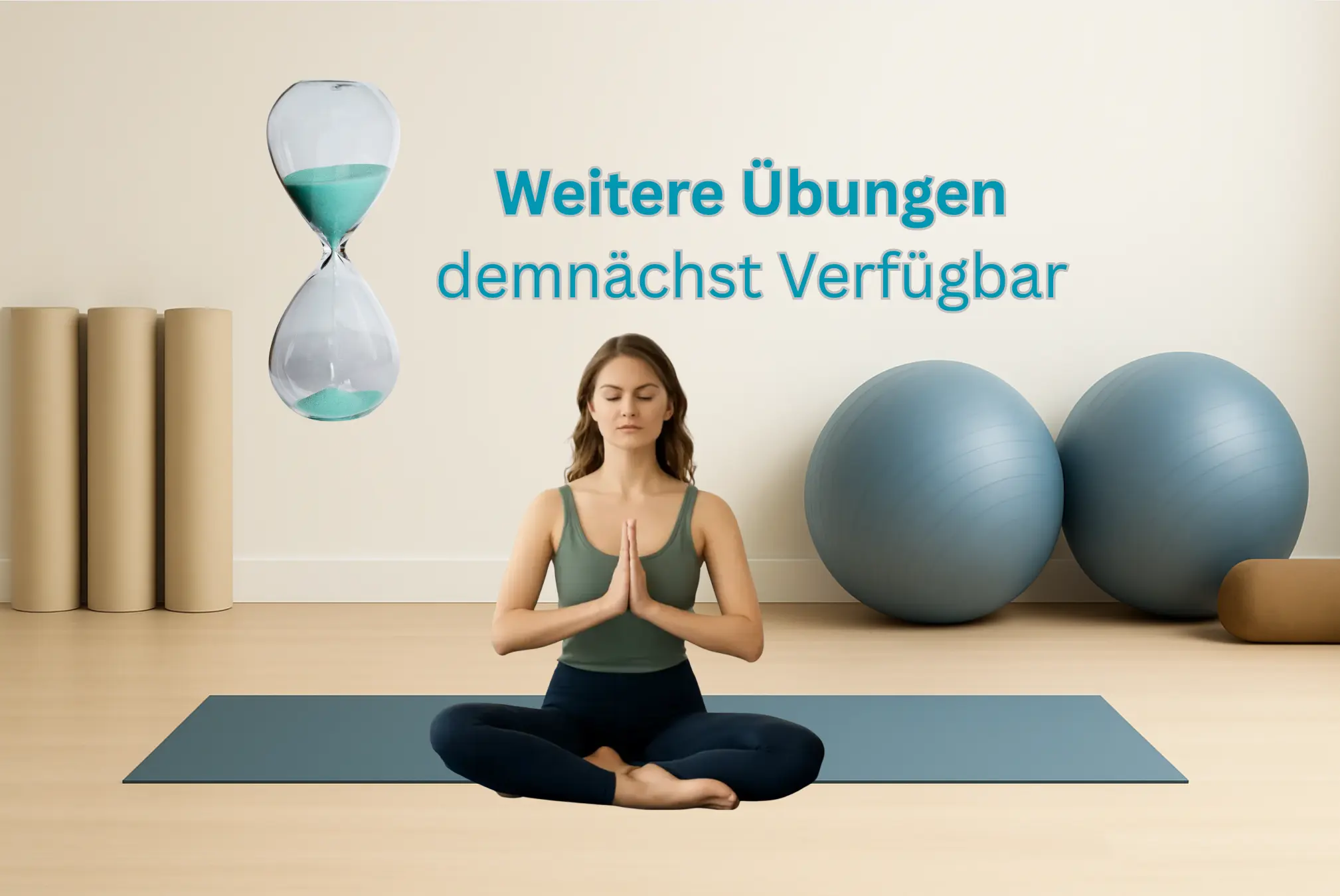 Junge Frau sitzt im Schneidersitz auf einer Yogamatte, die Hände vor der Brust gefaltet, die Augen geschlossen. Links im Bild schwebt eine Sanduhr. Rechts daneben steht der Schriftzug: ‚Weitere Übungen demnächst verfügbar‘.
