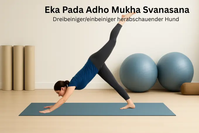 Frau in der Yoga-Haltung Eka Pada Adho Mukha Svanasana: Sie stützt sich mit Händen und einem Fuß auf der Matte ab, das andere Bein ist gerade nach hinten oben gestreckt.