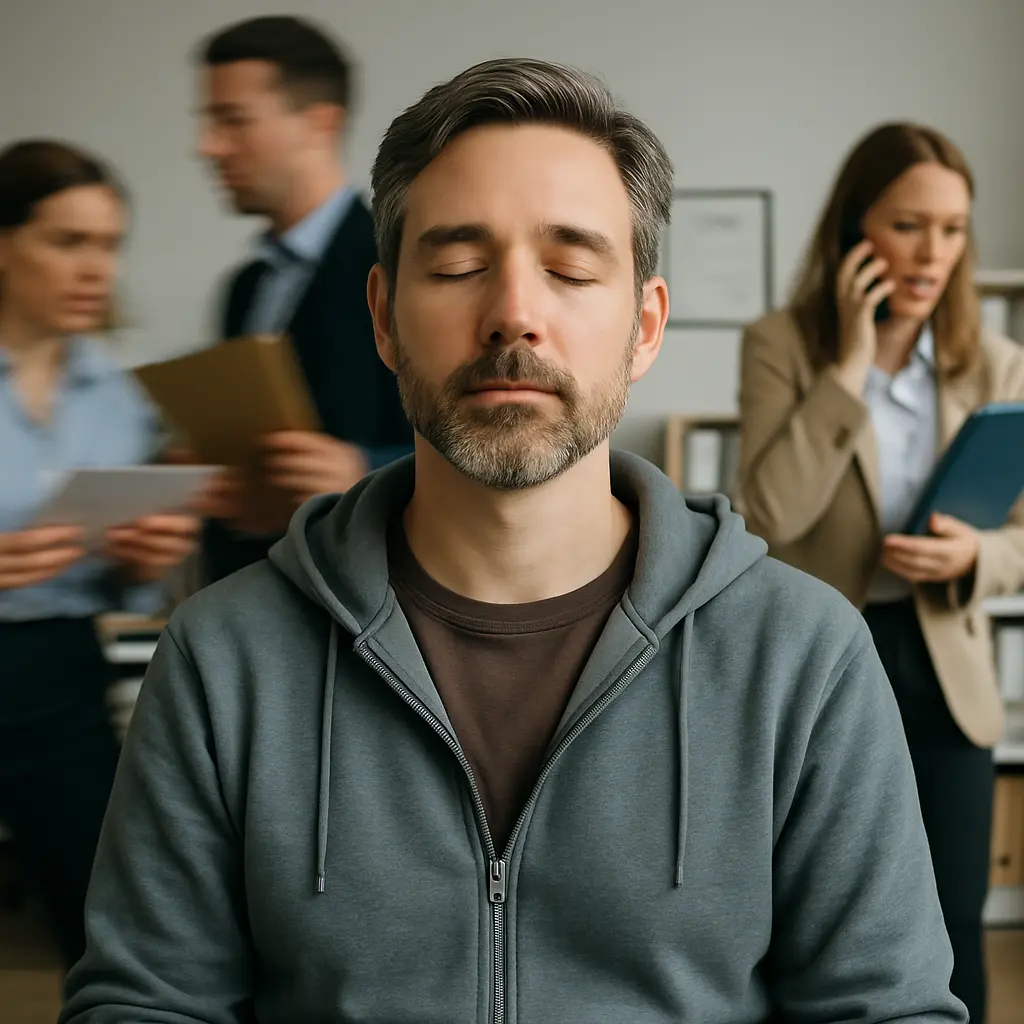Ein Mann sitzt mit geschlossenen Augen ruhig im Büro, während um ihn herum andere hektisch arbeiten.
