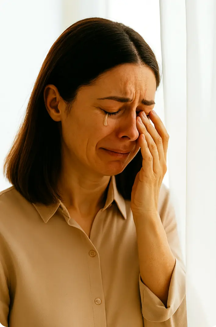 Eine Frau steht weinend am Fenster hinter einem weißen Vorhang. Sie hat dunkles, schulterlanges Haar und wischt sich mit der Hand eine Träne aus dem Gesicht. Ihr Gesichtsausdruck wirkt tief traurig und erschöpft.
