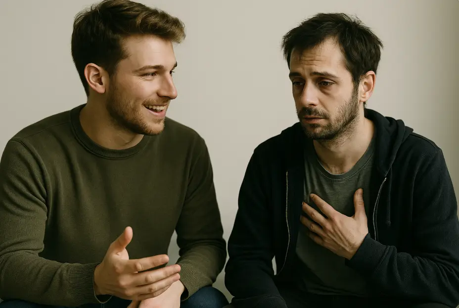 Zwei Männer sitzen nebeneinander und führen ein freundliches Gespräch. Der Mann links wirkt gesund, lächelt und gestikuliert offen, während der Mann rechts erschöpft aussieht, den Blick senkt und eine Hand an die Brust legt.