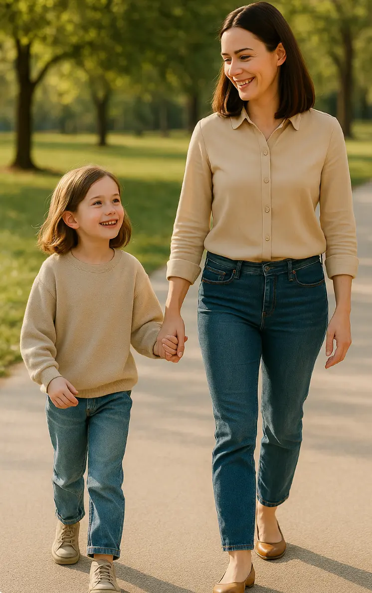 Eine Mutter und ihre Tochter spazieren lachend Hand in Hand auf einem sonnigen Weg durch einen Park. Beide tragen helle Oberteile und Jeans. Die Mutter schaut liebevoll auf das fröhlich lächelnde Mädchen. Die Szene strahlt Nähe, Geborgenheit und gemeinsame Lebensfreude aus.