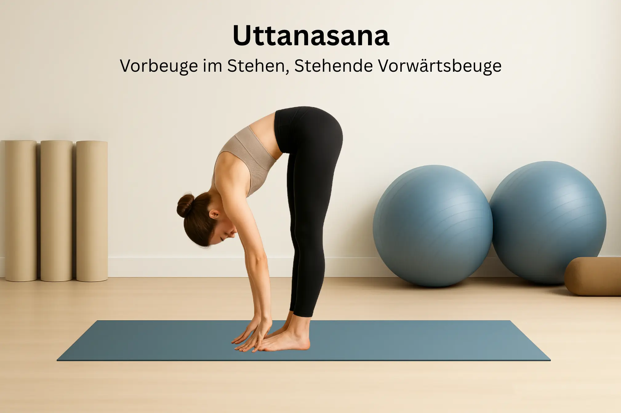 Frau steht auf einer Yogamatte, beugt sich mit gestreckten Beinen nach vorne und lässt Kopf und Arme locker Richtung Boden hängen (Uttanasana).