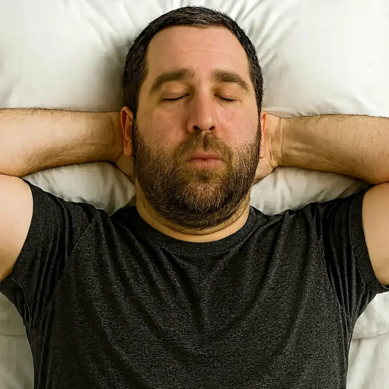 Ein Mann liegt im Bett mit weißen Kissen und einer Decke. Er trägt ein schwarzes T-Shirt, hat die Arme hinter dem Kopf verschränkt und atmet tief durch die Nase ein.