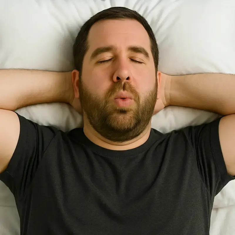 Mann liegt mit verschränkten Armen im Bett und atmet langsam durch den geöffneten Mund aus.