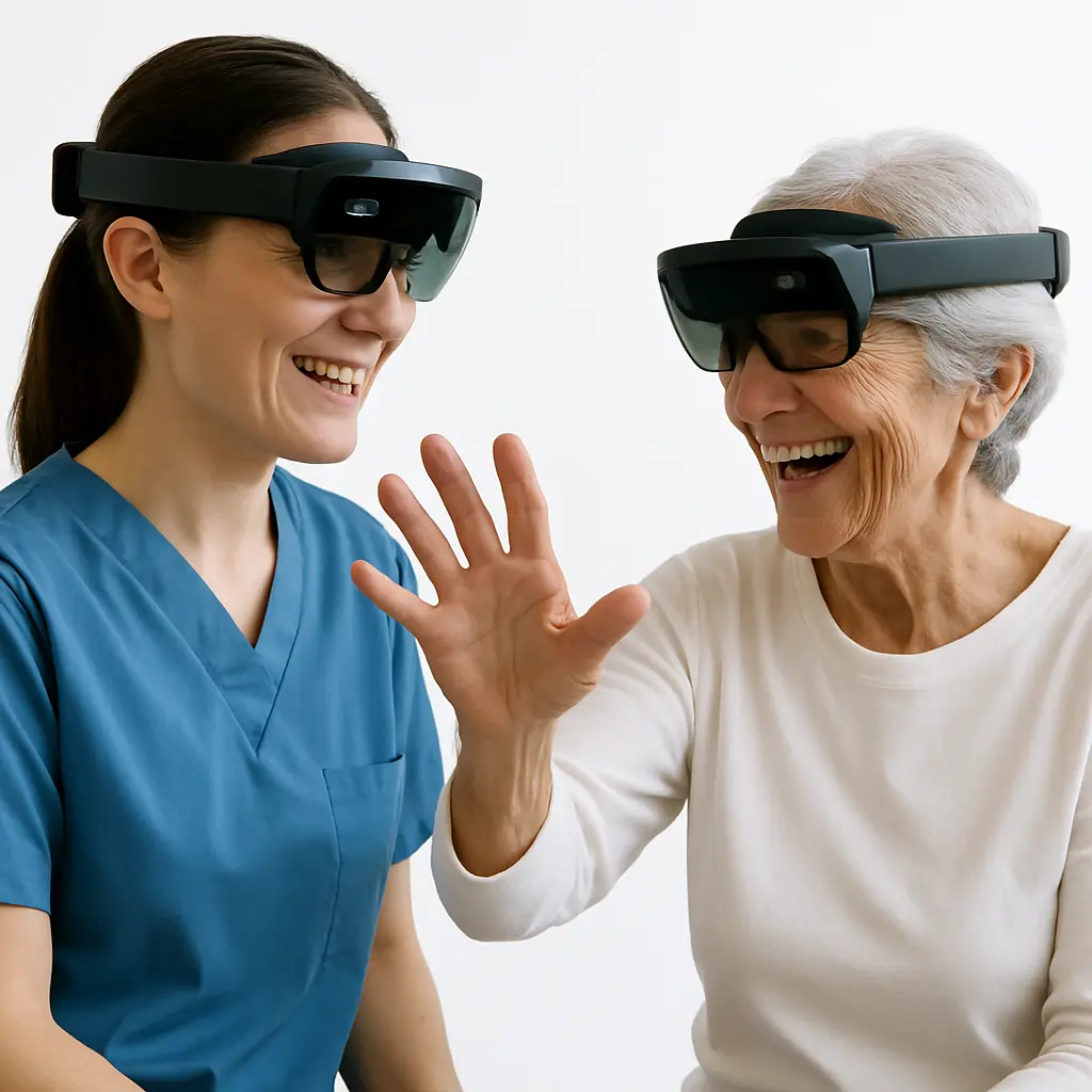 Eine ältere Frau und eine Pflegefachkraft mit Mixed-Reality-Brillen lächeln einander zu, während die Seniorin mit ausgestreckter Hand eine virtuelle Interaktion ausführt.