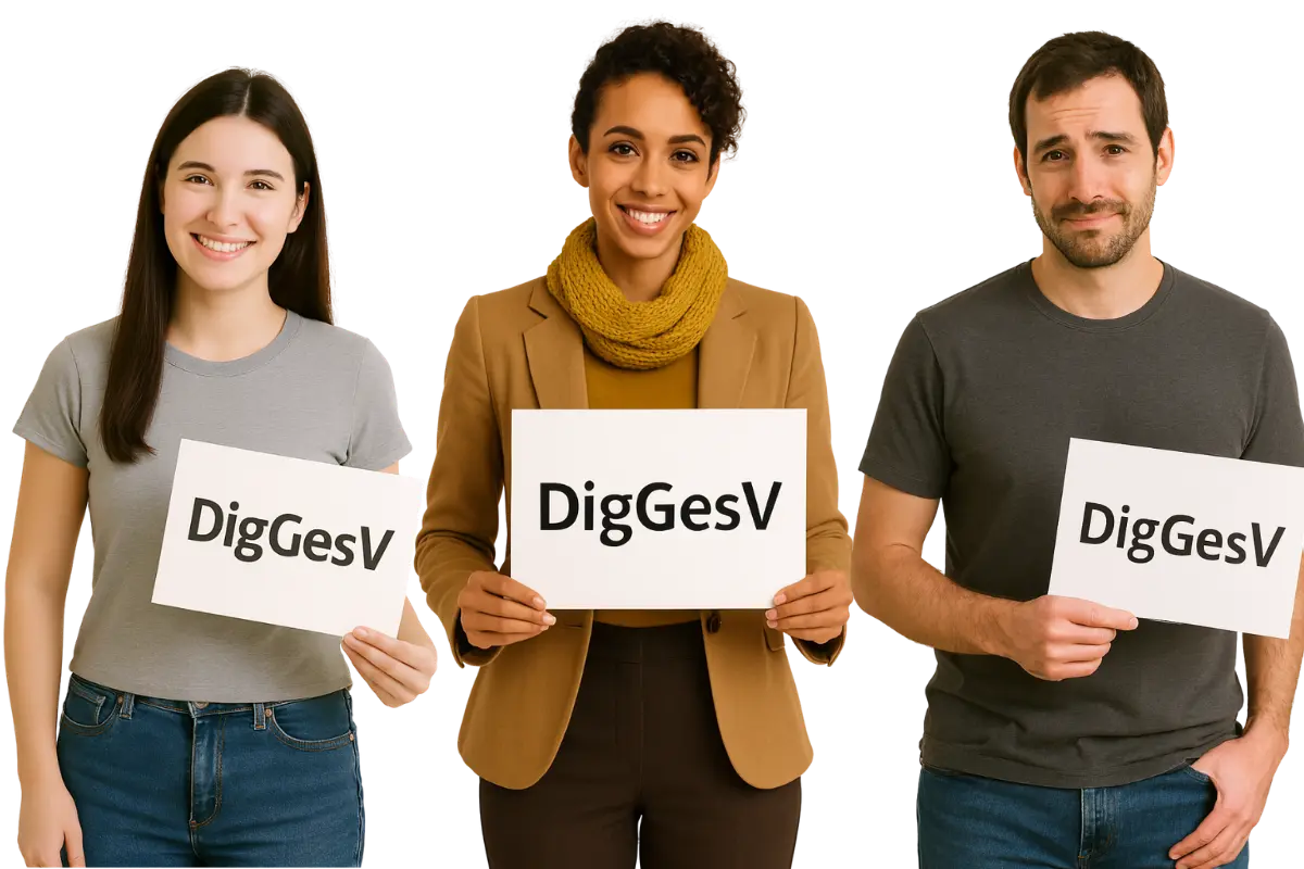 Drei Personen halten Schilder mit dem Schriftzug DigGesV hoch und lächeln freundlich.