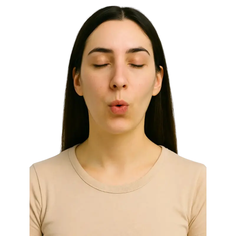Frau mit geschlossenen Augen atmet durch den Mund aus, die Lippen sind locker gespitz.